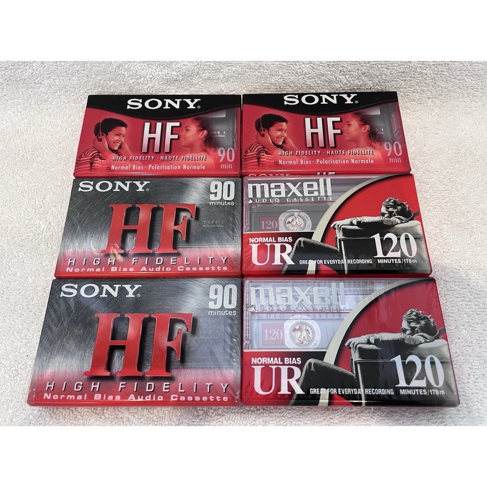 Lot Of 6 Sealed Blank Cassette Tapes Media Sony HF90 Maxell UR120